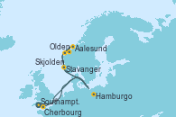 Visitando Southampton (Inglaterra), Hamburgo (Alemania), Aalesund (Noruega), Olden (Noruega), Skjolden (Noruega), Stavanger (Noruega), Hamburgo (Alemania), Cherbourg (Francia), Southampton (Inglaterra)