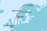 Visitando Southampton (Inglaterra), Trondheim (Noruega), Tromso (Noruega), Tromso (Noruega), Aalesund (Noruega), Bergen (Noruega), Southampton (Inglaterra)