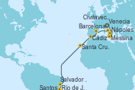 Visitando Venecia (Italia), Messina (Sicilia), Nápoles (Italia), Civitavecchia (Roma), Barcelona, Cádiz (España), Santa Cruz de Tenerife (España), Salvador de Bahía (Brasil), Río de Janeiro (Brasil), Santos (Brasil)