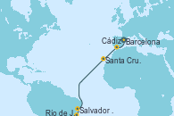 Visitando Barcelona, Cádiz (España), Santa Cruz de Tenerife (España), Salvador de Bahía (Brasil), Río de Janeiro (Brasil)