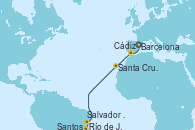 Visitando Barcelona, Cádiz (España), Santa Cruz de Tenerife (España), Salvador de Bahía (Brasil), Río de Janeiro (Brasil), Santos (Brasil)