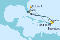 Visitando Miami (Florida/EEUU), Philipsburg (St. Maarten), Road Town (Isla Tórtola/Islas Vírgenes), Basseterre (Antillas), St. John´s (Antigua y Barbuda), Bimini (Bahamas), Miami (Florida/EEUU)