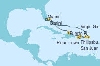 Visitando Miami (Florida/EEUU), Philipsburg (St. Maarten), Road Town (Isla Tórtola/Islas Vírgenes), Virgin Gorda (Islas Virgenes), San Juan (Puerto Rico), Puerto Plata, Republica Dominicana, Bimini (Bahamas), Miami (Florida/EEUU)