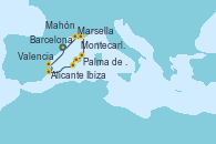 Visitando Barcelona, Marsella (Francia), Montecarlo (Mónaco), Mahón (Menorca/España), Palma de Mallorca (España), Ibiza (España), Alicante (España), Valencia, Barcelona