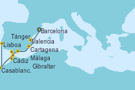 Visitando Barcelona, Valencia, Cartagena (Murcia), Málaga, Málaga, Gibraltar (Inglaterra), Cádiz (España), Tánger (Marruecos), Casablanca (Marruecos), Lisboa (Portugal)