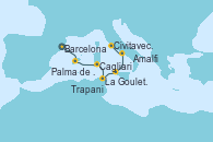 Visitando Barcelona, Palma de Mallorca (España), Cagliari (Cerdeña), La Goulette (Tunez), Trapani (Italia), Amalfi (Italia), Civitavecchia (Roma)