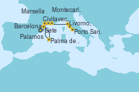 Visitando Barcelona, Palamos (Gerona/España), Palma de Mallorca (España), Sete (Francia), Marsella (Francia), Montecarlo (Mónaco), Livorno, Pisa y Florencia (Italia), Livorno, Pisa y Florencia (Italia), Porto Santo Stefano (Italia), Civitavecchia (Roma)