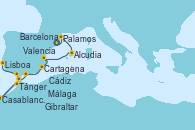 Visitando Barcelona, Palamos (Gerona/España), Alcudia (Mallorca/España), Valencia, Cartagena (Murcia), Málaga, Málaga, Tánger (Marruecos), Casablanca (Marruecos), Gibraltar (Inglaterra), Cádiz (España), Lisboa (Portugal)