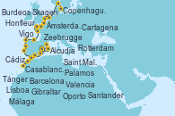 Visitando Barcelona, Palamos (Gerona/España), Alcudia (Mallorca/España), Valencia, Cartagena (Murcia), Málaga, Málaga, Tánger (Marruecos), Casablanca (Marruecos), Gibraltar (Inglaterra), Cádiz (España), Lisboa (Portugal), Oporto (Portugal), Vigo (España), Santander (España), Burdeos (Francia), Burdeos (Francia), Burdeos (Francia), Saint Malo (Francia), Honfleur (Francia), Zeebrugge (Bruselas), Ámsterdam (Holanda), Rotterdam (Holanda), Skagen (Dinamarca), Copenhague (Dinamarca)