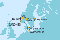 Visitando Estocolmo (Suecia), Copenhague (Dinamarca), Warnemunde (Alemania), Vik (Noruega), Eidfjord (Hardangerfjord/Noruega), SANDNES (STAVANGER), Oslo (Noruega)