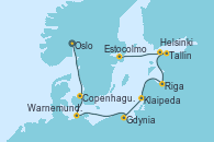 Visitando Oslo (Noruega), Copenhague (Dinamarca), Warnemunde (Alemania), Gdynia (Polonia), Klaipeda (Lituania), Riga (Letonia), Tallin (Estonia), Helsinki (Finlandia), Estocolmo (Suecia), Estocolmo (Suecia)