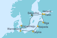 Visitando Estocolmo (Suecia), Copenhague (Dinamarca), Warnemunde (Alemania), Gdynia (Polonia), Klaipeda (Lituania), Riga (Letonia), Tallin (Estonia), Helsinki (Finlandia), Estocolmo (Suecia), Estocolmo (Suecia)