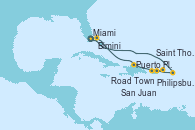 Visitando Miami (Florida/EEUU), Philipsburg (St. Maarten), Road Town (Isla Tórtola/Islas Vírgenes), Saint Thomas (Islas Vírgenes), San Juan (Puerto Rico), Puerto Plata, Republica Dominicana, Bimini (Bahamas), Miami (Florida/EEUU)