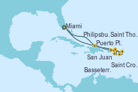 Visitando Miami (Florida/EEUU), Puerto Plata, Republica Dominicana, San Juan (Puerto Rico), Saint Croix (Islas Vírgenes), Saint Thomas (Islas Vírgenes), Basseterre (Antillas), Philipsburg (St. Maarten), Miami (Florida/EEUU)