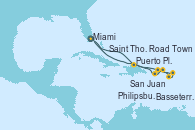 Visitando Miami (Florida/EEUU), Puerto Plata, Republica Dominicana, San Juan (Puerto Rico), Road Town (Isla Tórtola/Islas Vírgenes), Saint Thomas (Islas Vírgenes), Basseterre (Antillas), Philipsburg (St. Maarten), Miami (Florida/EEUU)