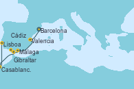 Visitando Barcelona, Valencia, Málaga, Cádiz (España), Gibraltar (Inglaterra), Casablanca (Marruecos), Casablanca (Marruecos), Lisboa (Portugal)