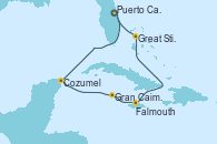 Visitando Puerto Cañaveral (Florida), Cozumel (México), Gran Caimán (Islas Caimán), Falmouth (Jamaica), Great Stirrup Cay (Bahamas), Puerto Cañaveral (Florida)