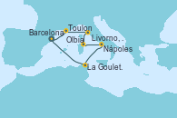 Visitando Barcelona, Toulon (Francia), Livorno, Pisa y Florencia (Italia), Olbia (Cerdeña), Nápoles (Italia), La Goulette (Tunez), Barcelona