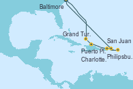 Visitando Baltimore (Maryland), Grand Turks(Turks & Caicos), Puerto Plata, Republica Dominicana, San Juan (Puerto Rico), Philipsburg (St. Maarten), Charlotte Amalie (St. Thomas), Baltimore (Maryland)
