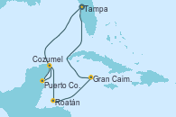 Visitando Tampa (Florida), Puerto Costa Maya (México), Cozumel (México), Roatán (Honduras), Gran Caimán (Islas Caimán), Tampa (Florida)