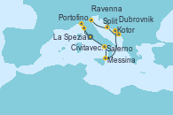 Visitando Civitavecchia (Roma), La Spezia, Florencia y Pisa (Italia), Portofino (Italia), Salerno (Italia), Messina (Sicilia), Kotor (Montenegro), Dubrovnik (Croacia), Split (Croacia), Ravenna (Italia)
