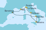 Visitando Barcelona, Nápoles (Italia), Messina (Sicilia), Civitavecchia (Roma), La Spezia, Florencia y Pisa (Italia), Portofino (Italia), Niza (Francia), Barcelona