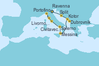 Visitando Ravenna (Italia), Split (Croacia), Dubrovnik (Croacia), Kotor (Montenegro), Messina (Sicilia), Salerno (Italia), Portofino (Italia), Livorno, Pisa y Florencia (Italia), Livorno, Pisa y Florencia (Italia), Civitavecchia (Roma)