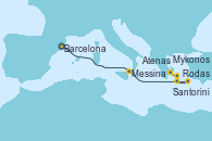 Visitando Barcelona, Messina (Sicilia), Rodas (Grecia), Santorini (Grecia), Mykonos (Grecia), Atenas (Grecia)