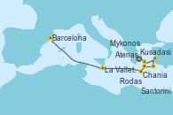 Visitando Atenas (Grecia), Mykonos (Grecia), Kusadasi (Efeso/Turquía), Rodas (Grecia), Santorini (Grecia), Chania (Creta/Grecia), La Valletta (Malta), Barcelona
