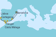 Visitando Barcelona, Cartagena (Murcia), Lisboa (Portugal), Cádiz (España), Tánger (Marruecos), Málaga, Barcelona