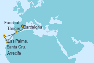 Visitando Barcelona, Arrecife (Lanzarote/España), Las Palmas de Gran Canaria (España), Santa Cruz de Tenerife (España), Funchal (Madeira), Funchal (Madeira), Tánger (Marruecos), Barcelona