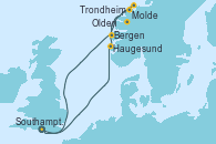 Visitando Southampton (Inglaterra), Haugesund (Noruega), Molde (Noruega), Trondheim (Noruega), Olden (Noruega), Bergen (Noruega), Southampton (Inglaterra)