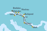 Visitando Vilshofen (Alemania)Passau (Alemania), Passau (Alemania), Linz (Austria), Melk (Austria), Wachau (Austria), Viena (Austria), Viena (Austria), Bratislava (Eslovaquia), Budapest (Hungría), Budapest (Hungría), Budapest (Hungría)