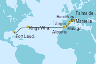 Visitando Barcelona, Marsella (Francia), Palma de Mallorca (España), Alicante (España), Málaga, Tánger (Marruecos), Kings Wharf (Bermudas), Kings Wharf (Bermudas), Fort Lauderdale (Florida/EEUU)