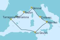 Visitando Barcelona, Toulon (Francia), Génova (Italia), Civitavecchia (Roma), Nápoles (Italia), La Goulette (Tunez), Tarragona (España)