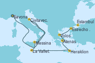 Visitando Savona (Italia), Civitavecchia (Roma), Messina (Sicilia), La Valletta (Malta), Heraklion (Creta), Atenas (Grecia), Volos (Grecia), Estrecho de Dardanelos - Experiencia a bordo, Estambul (Turquía)