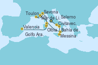 Visitando Civitavecchia (Roma), Salerno (Italia), Bahía de Capri - Experiencia a bordo, Messina (Sicilia), Bahía de Stromboli, Toulon (Francia), Mar de Liguria - Experiencia a bordo, Mar de Liguria - Experiencia a bordo, Savona (Italia), Olbia (Cerdeña), Golfo Aranci - Experiencia a bordo, Valencia