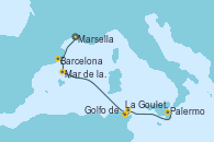 Visitando Marsella (Francia), Barcelona, Mar de las Baleares - Experiencia a bordo, Mar de las Baleares - Experiencia a bordo, La Goulette (Tunez), Golfo de Túnez - Experiencia a bordo, Palermo (Italia)