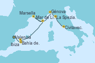 Visitando Valencia, Bahía de Formentera - Experiencia a bordo, Ibiza (España), Ibiza (España), Marsella (Francia), Mar de Liguria - Experiencia a bordo, Mar de Liguria - Experiencia a bordo, Génova (Italia), La Spezia, Florencia y Pisa (Italia), Civitavecchia (Roma)