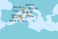 Visitando Valencia, Bahía de Formentera - Experiencia a bordo, Ibiza (España), Ibiza (España), Palma de Mallorca (España), Toulon (Francia), Mar de Liguria - Experiencia a bordo, Mar de Liguria - Experiencia a bordo, Savona (Italia), Olbia (Cerdeña), Golfo Aranci - Experiencia a bordo, Valencia
