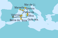 Visitando Valencia, Bahía de Formentera - Experiencia a bordo, Ibiza (España), Ibiza (España), Palma de Mallorca (España), Marsella (Francia), Mar de Liguria - Experiencia a bordo, Mar de Liguria - Experiencia a bordo, Savona (Italia), Olbia (Cerdeña), Golfo Aranci - Experiencia a bordo, Valencia