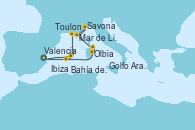 Visitando Valencia, Bahía de Formentera - Experiencia a bordo, Ibiza (España), Ibiza (España), Toulon (Francia), Mar de Liguria - Experiencia a bordo, Mar de Liguria - Experiencia a bordo, Savona (Italia), Olbia (Cerdeña), Golfo Aranci - Experiencia a bordo, Valencia