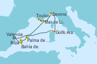 Visitando Valencia, Bahía de Formentera - Experiencia a bordo, Ibiza (España), Ibiza (España), Palma de Mallorca (España), Toulon (Francia), Mar de Liguria - Experiencia a bordo, Mar de Liguria - Experiencia a bordo, Savona (Italia), Golfo Aranci - Experiencia a bordo, Golfo Aranci - Experiencia a bordo, Valencia