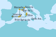 Visitando Valencia, Bahía de Formentera - Experiencia a bordo, Ibiza (España), Ibiza (España), Marsella (Francia), Mar de Liguria - Experiencia a bordo, Mar de Liguria - Experiencia a bordo, Savona (Italia), Olbia (Cerdeña), Golfo Aranci - Experiencia a bordo, Valencia