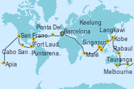 Visitando Barcelona, Cádiz (España), Lisboa (Portugal), Ponta Delgada (Azores), Nueva York (Estados Unidos), Nueva York (Estados Unidos), Puerto Cañaveral (Florida), Fort Lauderdale (Florida/EEUU), Celebration Key, The Bahamas, Colón, Puntarenas (Costa Rica), Puerto Quetzal (Guatemala), Puerto Vallarta (México), Cabo San Lucas (México), San Diego (California/EEUU), Los Ángeles (California), Los Ángeles (California), San Francisco (California/EEUU), Ito (Hilo), Honolulu (Hawái), Apia (Samoa), Suva (Fiyi), Nukualofa (Tongatapu), Tauranga (Nueva Zelanda), Auckland (Nueva Zelanda), Bay of Islands (Nueva Zelanda), Melbourne (Australia), Sydney (Australia), Sydney (Australia), Cairns (Australia), Rabaul (Papúa Nueva Guinea), Tokio (Japón), Tokio (Japón), Shimizu (Japón), Kobe (Japón), Sasebo (Japón), Busán (Corea del Sur), Keelung (Taiwán), Hong Kong (China), Ciudad Ho Chi Minh (Vietnam), Singapur, Port Klang (Malasia), Penang (Malasia), Langkawi (Malasia), Phuket (Tailandia), Colombo (Sri Lanka), Malé (Maldivas), Port Louis  (Mauricio), Durban (Sudáfrica), Port Elizabeth (San Vicente y Granadinas), Ciudad del Cabo (Sudáfrica), Walvis Bay (Namibia), Mindelo (Cabo Verde), Las Palmas de Gran Canaria (España), Barcelona
