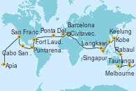 Visitando Civitavecchia (Roma), Savona (Italia), Marsella (Francia), Barcelona, Cádiz (España), Lisboa (Portugal), Ponta Delgada (Azores), Nueva York (Estados Unidos), Nueva York (Estados Unidos), Puerto Cañaveral (Florida), Fort Lauderdale (Florida/EEUU), Celebration Key, The Bahamas, Colón, Puntarenas (Costa Rica), Puerto Quetzal (Guatemala), Puerto Vallarta (México), Cabo San Lucas (México), San Diego (California/EEUU), Los Ángeles (California), Los Ángeles (California), San Francisco (California/EEUU), Ito (Hilo), Honolulu (Hawái), Apia (Samoa), Suva (Fiyi), Nukualofa (Tongatapu), Tauranga (Nueva Zelanda), Auckland (Nueva Zelanda), Bay of Islands (Nueva Zelanda), Melbourne (Australia), Sydney (Australia), Sydney (Australia), Cairns (Australia), Rabaul (Papúa Nueva Guinea), Tokio (Japón), Tokio (Japón), Shimizu (Japón), Kobe (Japón), Sasebo (Japón), Busán (Corea del Sur), Keelung (Taiwán), Hong Kong (China), Ciudad Ho Chi Minh (Vietnam), Singapur, Port Klang (Malasia), Penang (Malasia), Langkawi (Malasia), Phuket (Tailandia), Colombo (Sri Lanka), Malé (Maldivas), Port Louis (Mauricio), Durban (Sudáfrica), Port Elizabeth (San Vicente y Granadinas), Ciudad del Cabo (Sudáfrica), Walvis Bay (Namibia), Mindelo (Cabo Verde), Las Palmas de Gran Canaria (España), Barcelona, Marsella (Francia), Savona (Italia), Civitavecchia (Roma)
