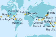 Visitando Marsella (Francia), Barcelona, Cádiz (España), Lisboa (Portugal), Ponta Delgada (Azores), Nueva York (Estados Unidos), Nueva York (Estados Unidos), Puerto Cañaveral (Florida), Fort Lauderdale (Florida/EEUU), Celebration Key, The Bahamas, Colón, Puntarenas (Costa Rica), Puerto Quetzal (Guatemala), Puerto Vallarta (México), Cabo San Lucas (México), San Diego (California/EEUU), Los Ángeles (California), Los Ángeles (California), San Francisco (California/EEUU), Ito (Hilo), Honolulu (Hawái), Apia (Samoa), Suva (Fiyi), Nukualofa (Tongatapu), Tauranga (Nueva Zelanda), Auckland (Nueva Zelanda), Bay of Islands (Nueva Zelanda), Melbourne (Australia), Sydney (Australia), Sydney (Australia), Cairns (Australia), Rabaul (Papúa Nueva Guinea), Tokio (Japón), Tokio (Japón), Shimizu (Japón), Kobe (Japón), Sasebo (Japón), Busán (Corea del Sur), Keelung (Taiwán), Hong Kong (China), Ciudad Ho Chi Minh (Vietnam), Singapur, Port Klang (Malasia), Penang (Malasia), Langkawi (Malasia), Phuket (Tailandia), Colombo (Sri Lanka), Malé (Maldivas), Port Louis  (Mauricio), Durban (Sudáfrica), Port Elizabeth (San Vicente y Granadinas), Ciudad del Cabo (Sudáfrica), Walvis Bay (Namibia), Mindelo (Cabo Verde), Las Palmas de Gran Canaria (España), Barcelona, Marsella (Francia)