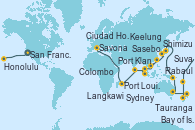 Visitando San Francisco (California/EEUU), Ito (Hilo), Honolulu (Hawái), Apia (Samoa), Suva (Fiyi), Nukualofa (Tongatapu), Tauranga (Nueva Zelanda), Auckland (Nueva Zelanda), Bay of Islands (Nueva Zelanda), Melbourne (Australia), Sydney (Australia), Sydney (Australia), Cairns (Australia), Rabaul (Papúa Nueva Guinea), Tokio (Japón), Tokio (Japón), Shimizu (Japón), Kobe (Japón), Sasebo (Japón), Busán (Corea del Sur), Keelung (Taiwán), Hong Kong (China), Ciudad Ho Chi Minh (Vietnam), Singapur, Port Klang (Malasia), Penang (Malasia), Langkawi (Malasia), Phuket (Tailandia), Colombo (Sri Lanka), Malé (Maldivas), Port Louis  (Mauricio), Durban (Sudáfrica), Port Elizabeth (San Vicente y Granadinas), Ciudad del Cabo (Sudáfrica), Walvis Bay (Namibia), Mindelo (Cabo Verde), Las Palmas de Gran Canaria (España), Barcelona, Marsella (Francia), Savona (Italia)