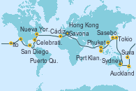Visitando Savona (Italia), Marsella (Francia), Barcelona, Cádiz (España), Lisboa (Portugal), Ponta Delgada (Azores), Nueva York (Estados Unidos), Nueva York (Estados Unidos), Puerto Cañaveral (Florida), Fort Lauderdale (Florida/EEUU), Celebration Key, The Bahamas, Colón, Puntarenas (Costa Rica), Puerto Quetzal (Guatemala), Puerto Vallarta (México), Cabo San Lucas (México), San Diego (California/EEUU), Los Ángeles (California), Los Ángeles (California), San Francisco (California/EEUU), Ito (Hilo), Honolulu (Hawái), Apia (Samoa), Suva (Fiyi), Nukualofa (Tongatapu), Tauranga (Nueva Zelanda), Auckland (Nueva Zelanda), Bay of Islands (Nueva Zelanda), Melbourne (Australia), Sydney (Australia), Sydney (Australia), Cairns (Australia), Rabaul (Papúa Nueva Guinea), Tokio (Japón), Tokio (Japón), Shimizu (Japón), Kobe (Japón), Sasebo (Japón), Busán (Corea del Sur), Keelung (Taiwán), Hong Kong (China), Ciudad Ho Chi Minh (Vietnam), Singapur, Port Klang (Malasia), Penang (Malasia), Langkawi (Malasia), Phuket (Tailandia), Colombo (Sri Lanka), Malé (Maldivas), Port Louis  (Mauricio), Durban (Sudáfrica), Port Elizabeth (San Vicente y Granadinas), Ciudad del Cabo (Sudáfrica), Walvis Bay (Namibia), Mindelo (Cabo Verde), Las Palmas de Gran Canaria (España), Barcelona, Marsella (Francia), Savona (Italia)
