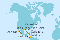 Visitando San Diego (California/EEUU), Cabo San Lucas (México), Puerto Vallarta (México), Canal Panamá, Cartagena de Indias (Colombia), Gran Caimán (Islas Caimán), Galveston (Texas)
